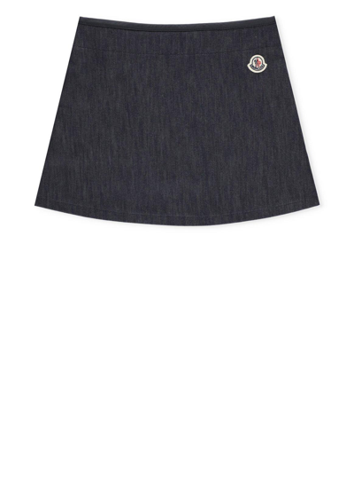 Shop Moncler Logo Patch Mini Denim Skirt In Blu Denim