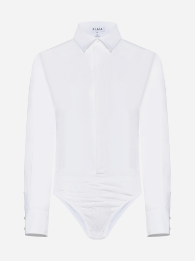 Shop Alaïa Cotton Shirt Bodysuit In Bianco
