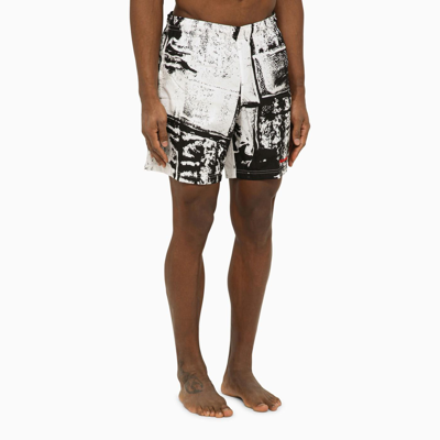 Shop Alexander Mcqueen Abstract Print Swim Shorts With Logo In Bianco E Nero