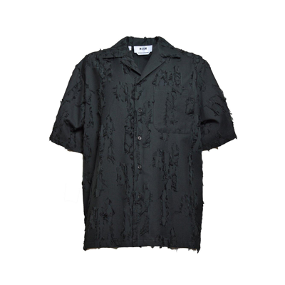 Shop Msgm Logo-tag Textured-finish Buttoned Shirt In Nero