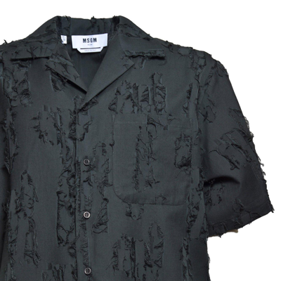 Shop Msgm Logo-tag Textured-finish Buttoned Shirt In Nero