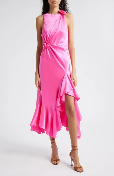 Shop Cinq À Sept Cates Rosette & Ruffle Detail Silk Dress In Electric Pink