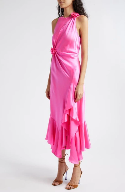 Shop Cinq À Sept Cates Rosette & Ruffle Detail Silk Dress In Electric Pink