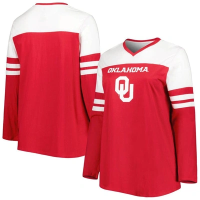 Shop Profile Crimson Oklahoma Sooners Plus Size Long Sleeve Stripe V-neck T-shirt