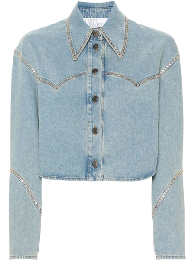Shop Giuseppe Di Morabito Denim Jacket Decorated With Crystals  Washed Light Blue Cotton Denim Contrastin