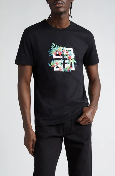 Shop Givenchy Slim Fit Floral 4g Logo Cotton Graphic T-shirt In Black