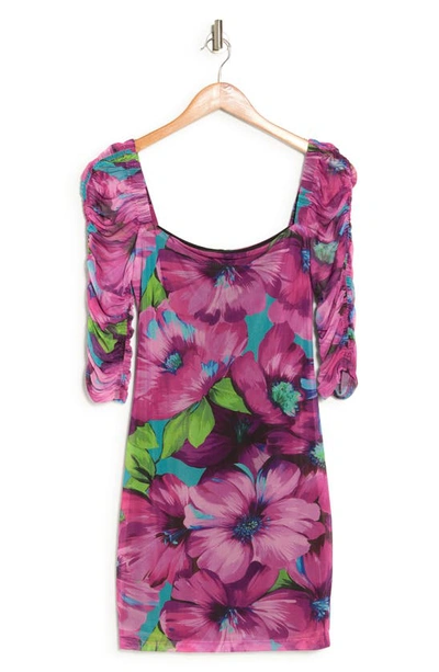 Shop Black Halo Fang Floral Ruched Sleeve Body-con Minidress In Vivid Flourish
