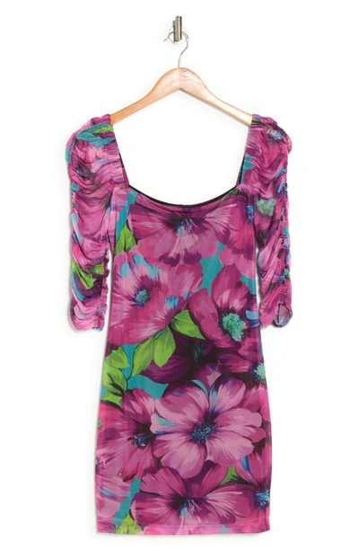Black Halo Fang Floral Ruched Sleeve Body-con Minidress In Vivid Flourish