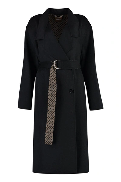 Shop Hugo Boss Boss Wool Blend Double-breasted Coat In Black