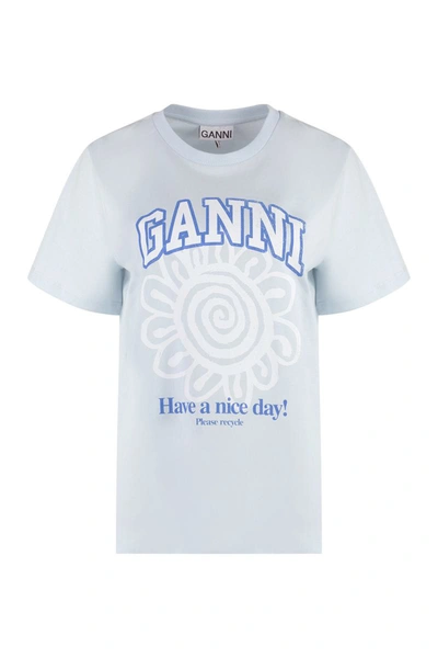Shop Ganni Printed Cotton T-shirt In Blue