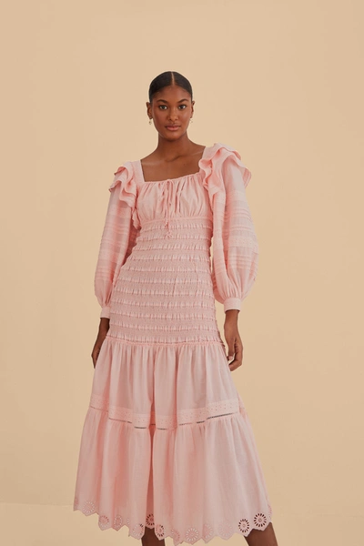 Shop Farm Rio Light Pink Long Sleeve Smocked Midi Dress