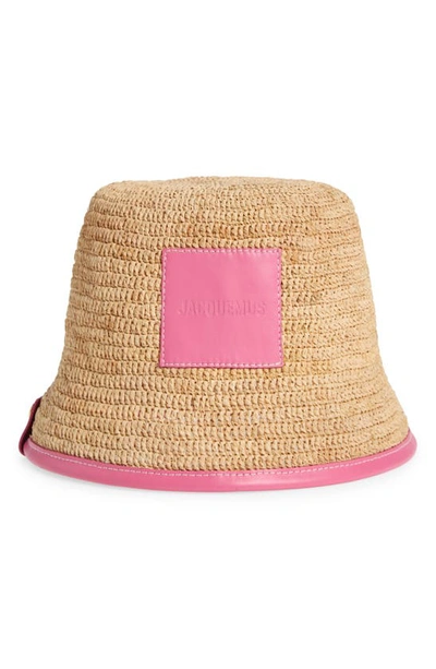 Shop Jacquemus Le Bob Soli Leather & Raffia Bucket Hat In Neon Pink