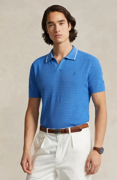 Shop Polo Ralph Lauren Tipped Cotton & Linen Johnny Collar Polo In New England Blue