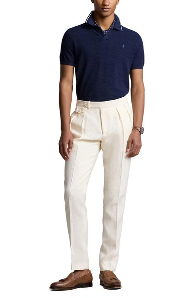 Shop Polo Ralph Lauren Johnny Collar Cotton & Linen Polo Sweater In Bright Navy