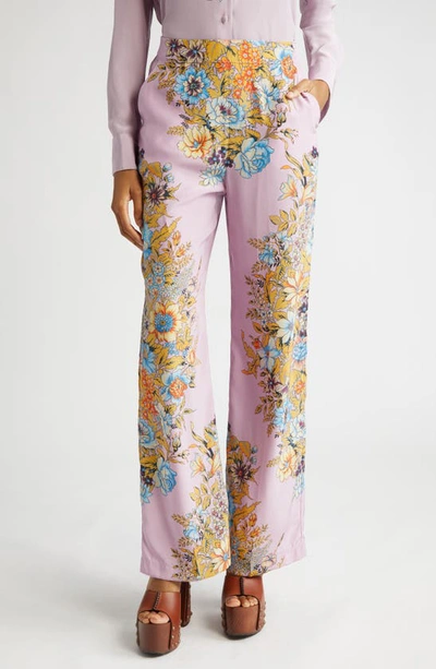 Shop Etro Floral Print Silk Crêpe De Chine Palazzo Pants In Print On Purple Base