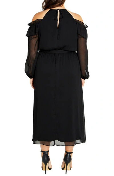 Shop City Chic Nikita Rosette Tie Waist Cold Shoulder Long Sleeve Chiffon Midi Dress In Black