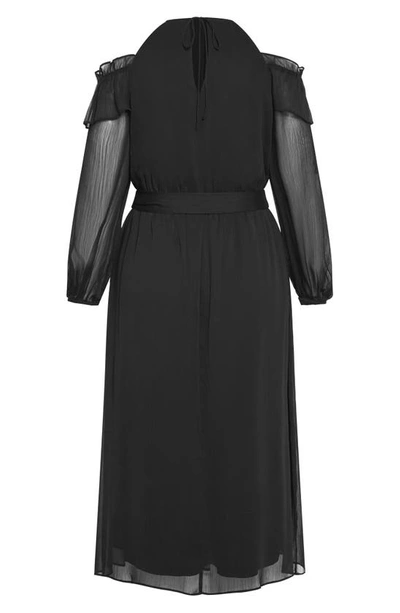 Shop City Chic Nikita Rosette Tie Waist Cold Shoulder Long Sleeve Chiffon Midi Dress In Black