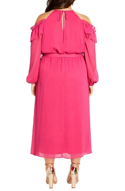 City Chic Nikita Rosette Tie Waist Cold Shoulder Long Sleeve Chiffon Midi Dress In Vibrant Pink