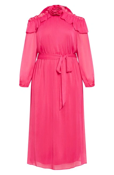 City Chic Nikita Rosette Tie Waist Cold Shoulder Long Sleeve Chiffon Midi Dress In Vibrant Pink