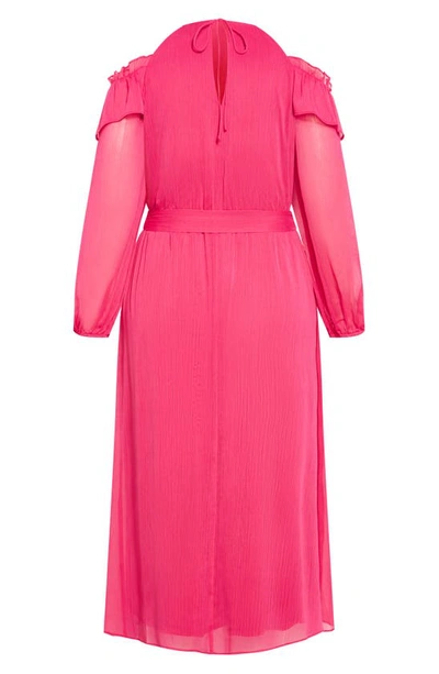 Shop City Chic Nikita Rosette Tie Waist Cold Shoulder Long Sleeve Chiffon Midi Dress In Vibrant Pink