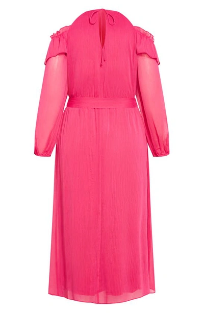 City Chic Nikita Rosette Tie Waist Cold Shoulder Long Sleeve Chiffon Midi Dress In Vibrant Pink