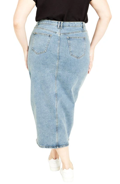 Shop City Chic Oaklyn Front Slit Midi Denim Skirt In Mid Denim