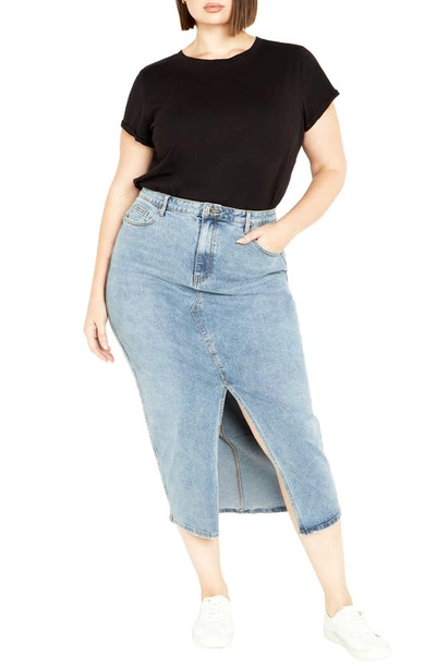 City Chic Oaklyn Front Slit Midi Denim Skirt In Mid Denim