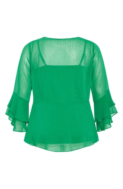 Shop City Chic Charlie Trumpet Sleeve Faux Wrap Top In Jelly Bean Green