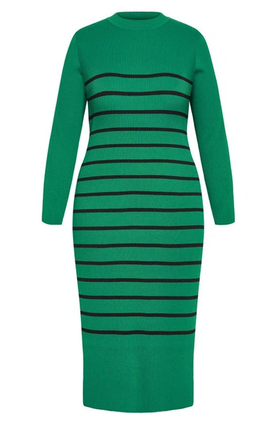 Shop City Chic Maddie Stripe Long Sleeve Rib Dress In Green/ Black Stripe