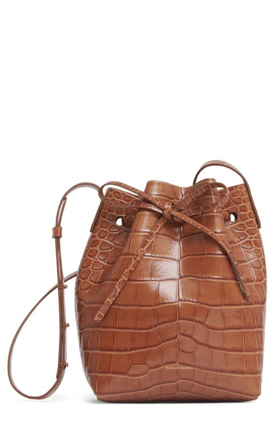 Shop Mansur Gavriel Mini Croc Embossed Leather Bucket Bag In Amaretti