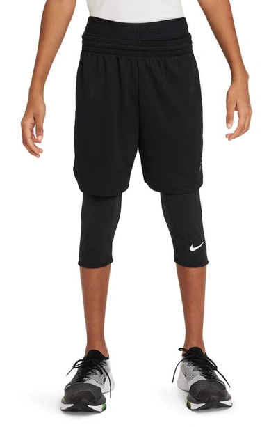 Shop Nike Kids' Pro Dri-fit 3/4 Workout Tights In Black/ Black/ White