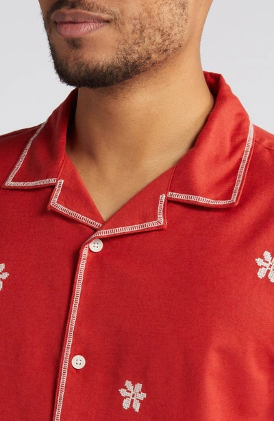 Shop Wax London Didcot Daisy Embroidery Cotton & Linen Camp Shirt In Red/ Ecru