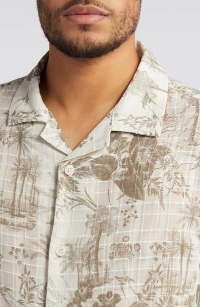 Shop Wax London Palm Floral Print Short Sleeve Cotton Button-up Shirt In Khaki