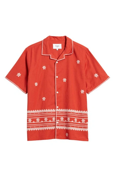 Shop Wax London Didcot Daisy Embroidery Cotton & Linen Camp Shirt In Red/ Ecru