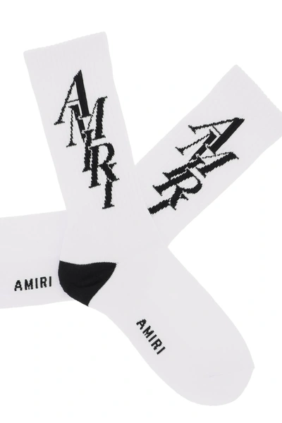 Shop Amiri Stack Logo Socks In White, Black