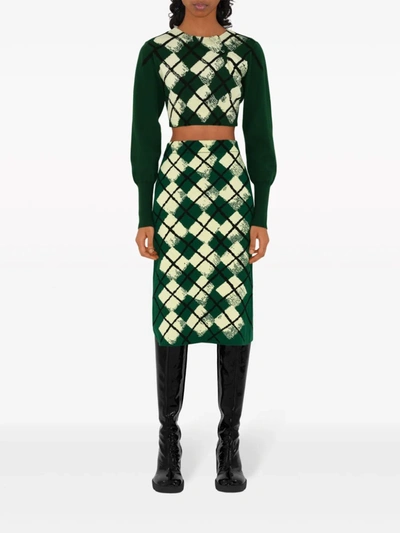 Shop Burberry Women Check Knit Midi Skirt In Ivy