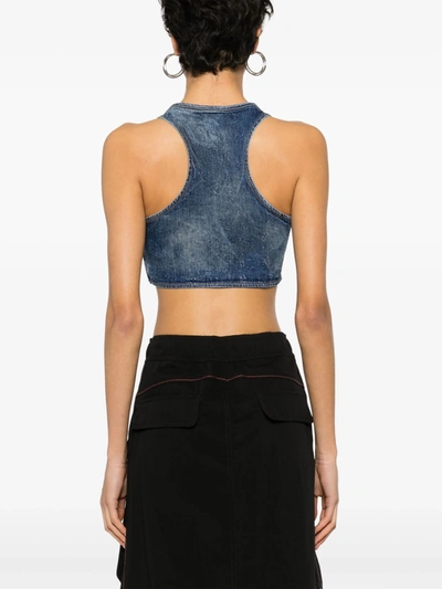 Shop Diesel Women Denim Crystal Logo Cropped Top In 01 Blue