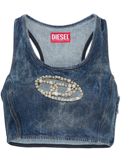 Shop Diesel Women Denim Crystal Logo Cropped Top In 01 Blue