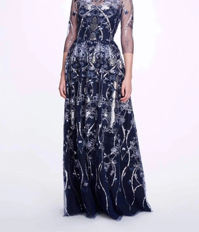 Shop Marchesa Embroidered-tulle Boatneck Gown In Navy In Blue
