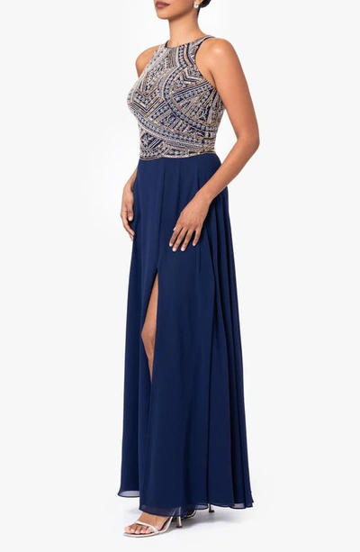 Shop Betsy & Adam Beaded Bodice Sleeveless Gown In Navy/ Silver/ Copper