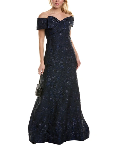 Shop Teri Jon By Rickie Freeman Off-the-shoulder Gown In Blue