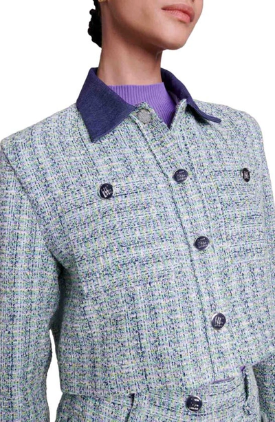 Shop Maje Voelia Tweed Crop Jacket In Blue Multi