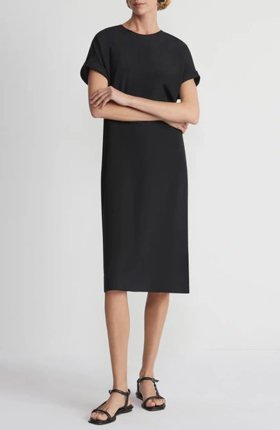 Shop Lafayette 148 Roll Cuff Silk Stretch Georgette T-shirt Dress In Black