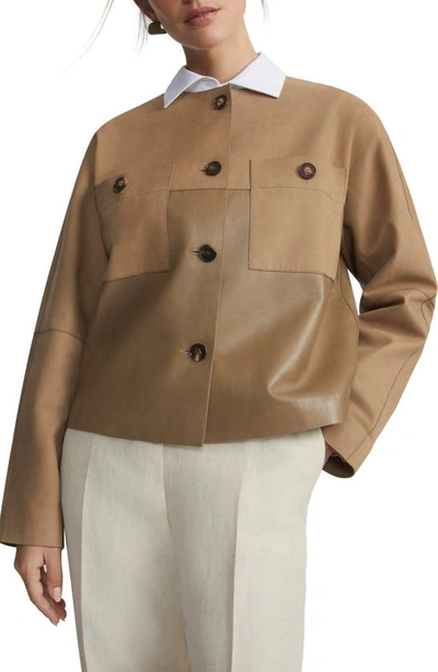 Shop Lafayette 148 Collarless Nubuck & Leather Jacket In Green Clay
