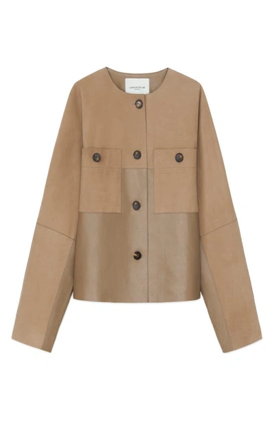 Shop Lafayette 148 Collarless Nubuck & Leather Jacket In Green Clay