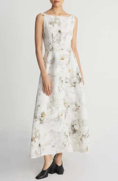 Shop Lafayette 148 New York Leaves Print Bateau Neck Silk & Linen Gown In Cloud Multi