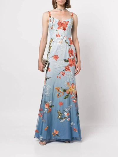 Shop Marchesa Ombré Embroidered Tulle Mermaid Gown In Dusty Blue In Multi
