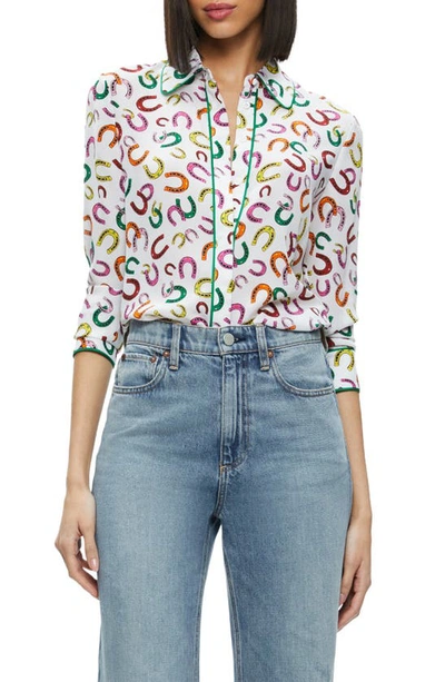 Shop Alice And Olivia Willa Horseshoe Print Silk Button-up Shirt In Lucky You