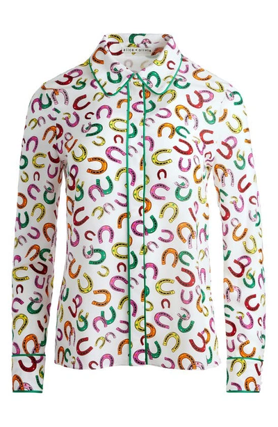Shop Alice And Olivia Alice + Olivia Willa Horseshoe Print Silk Button-up Shirt In Lucky You