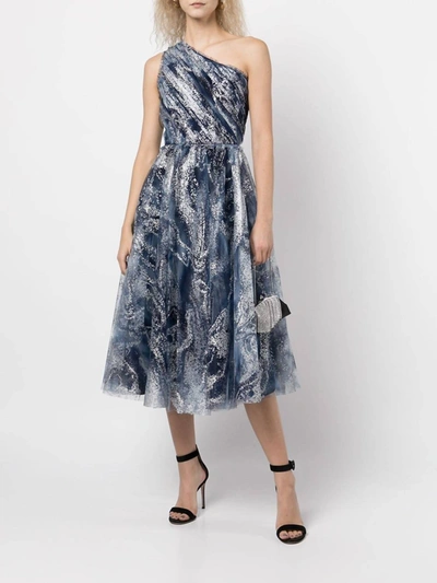 Shop Marchesa One-shoulder Tulle Tea-length Gown In Navy In Blue
